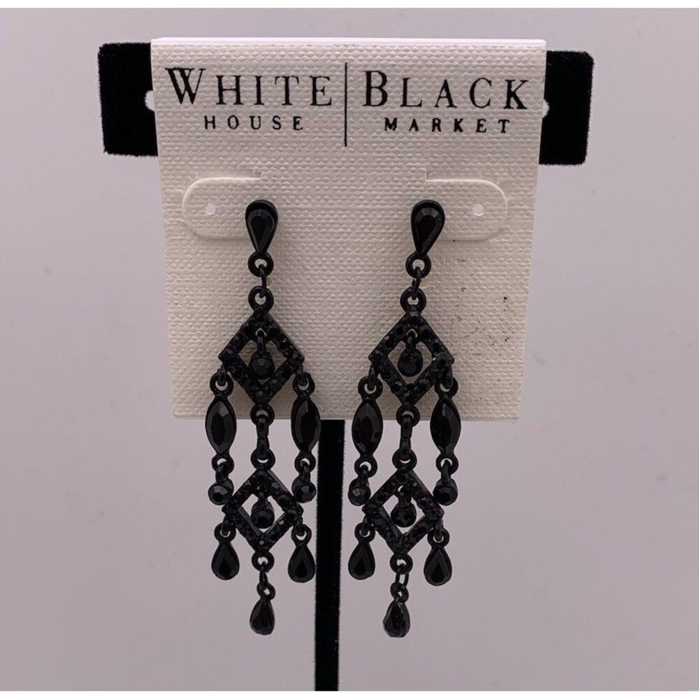 White House Black Market Dangle Earrings Black Jet Crystal Chandelier New WHBM